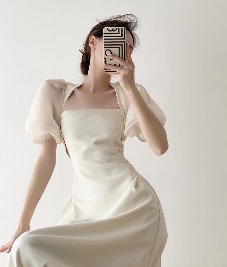 Cathie Blouson Sleeve Midi Dress in Cream