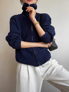 Cable Knit Knitted Zip Sweater in Navy