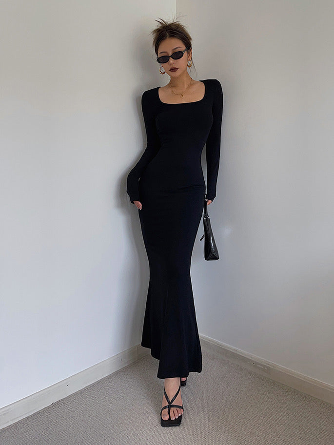 Wide Neck Long Sleeve Mermaid Maxi Dress - Black