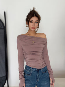 Off Shoulder Shirring Long Sleeve Top - Dusty Pink
