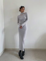 Load image into Gallery viewer, High Neck Bodycon Long Sleeve Maxi Dress - Pearl Grey
