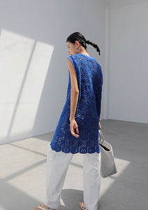 Laser Cut Crochet Sleeveless Dress in Blue