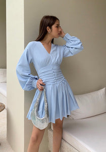 Tailored Pleated Crepe Dress in Blue
