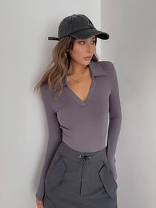 V Collar Long Sleeve Top - Purple Grey