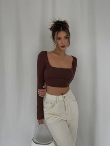 Wide Neck Cropped Long Sleeve Top - Brown