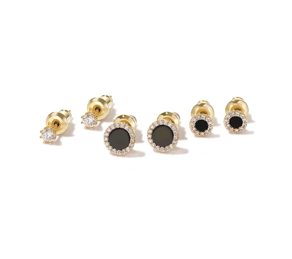 Set of 6 Silver Black Round + Diamante Stud Earrings