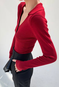Collar V Wrap Long Sleeve Top - Red