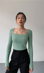 Load image into Gallery viewer, Wide Square Neck Melange Knit Top in Green
