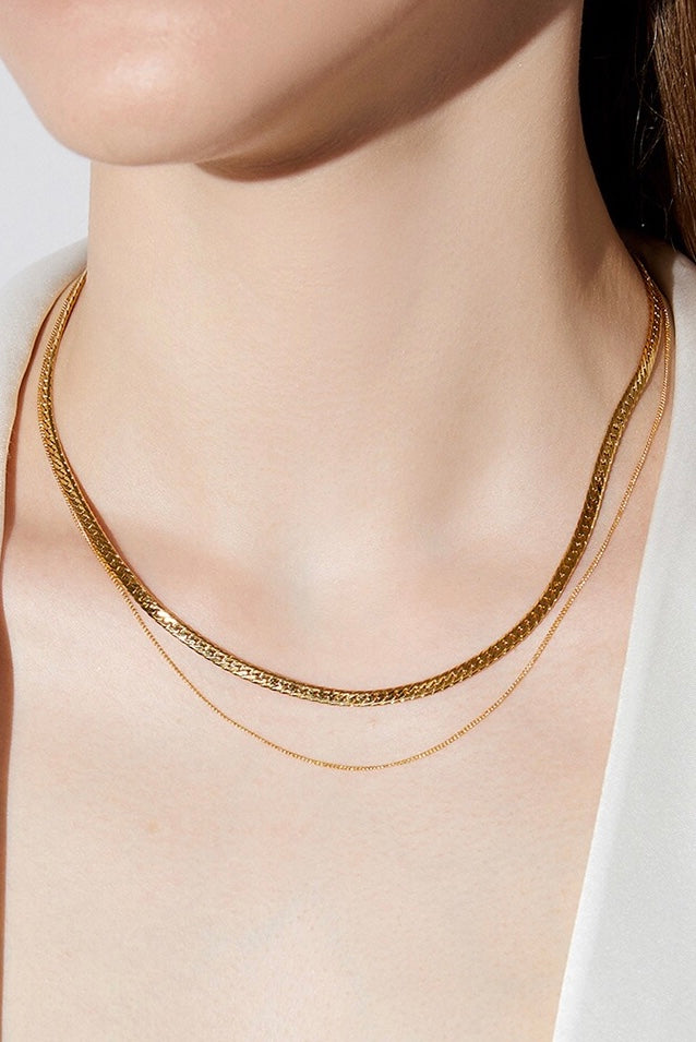 Gold Plated Double Herringbone + Fine Chain Necklace