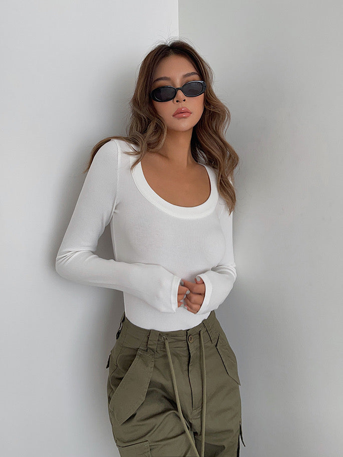 Classic U Neck Ribbed Long Sleeve Top - White