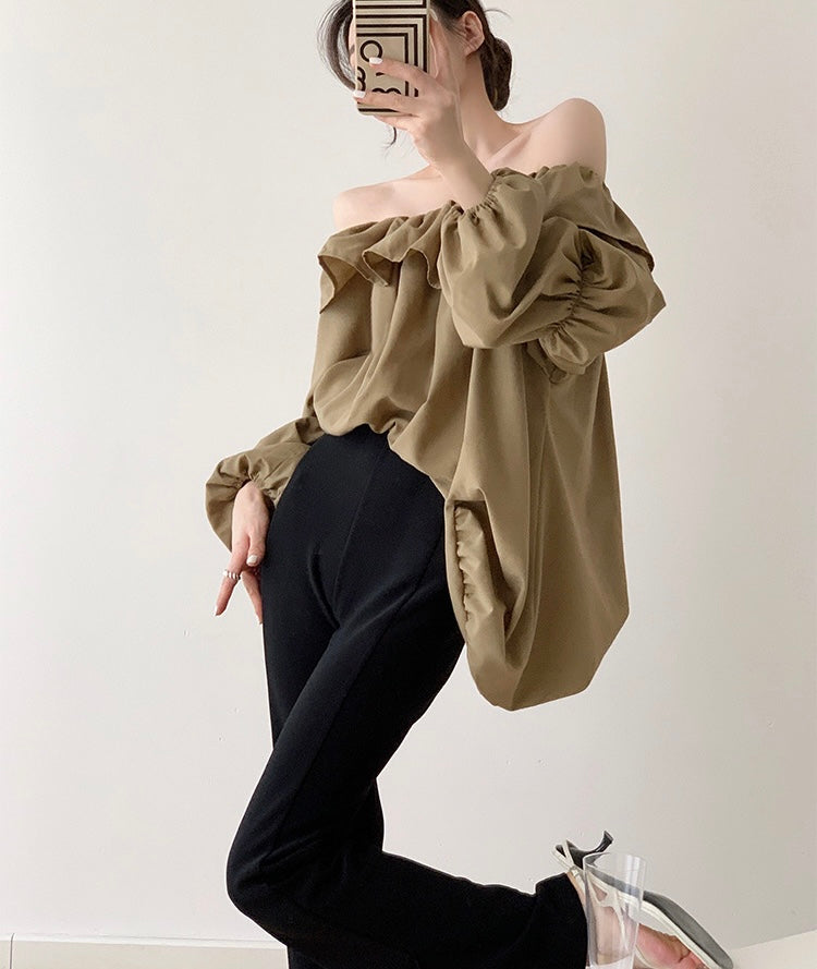 Off Shoulder Bubble Gathered Top in Khaki