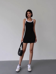 Cross Back Contrast Strap Bodycon Mini Dress in Black