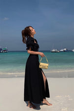 Load image into Gallery viewer, Cutout Back Puff Sleeve Maxi Dress in Black
