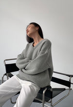 Load image into Gallery viewer, Oversized Pique V Knit Sweater in Grey
