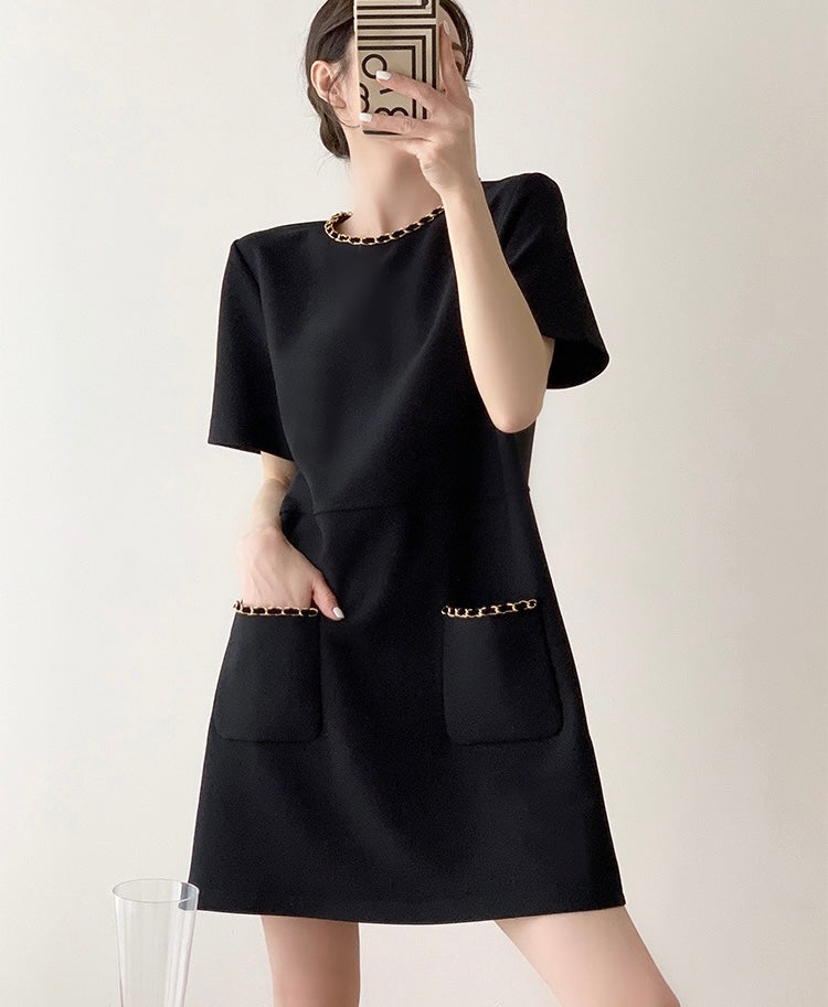 Chain Detail Pocket Shift Dress in Black