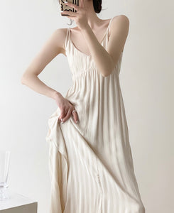 Mono Stripe Double Strap Satin Dress in Cream