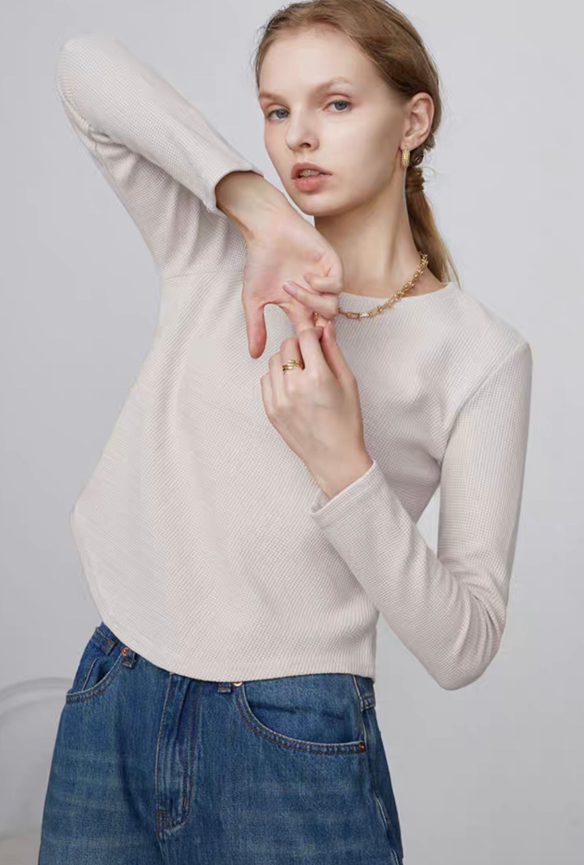 Waffle Knit Curved Hem Top in Cream