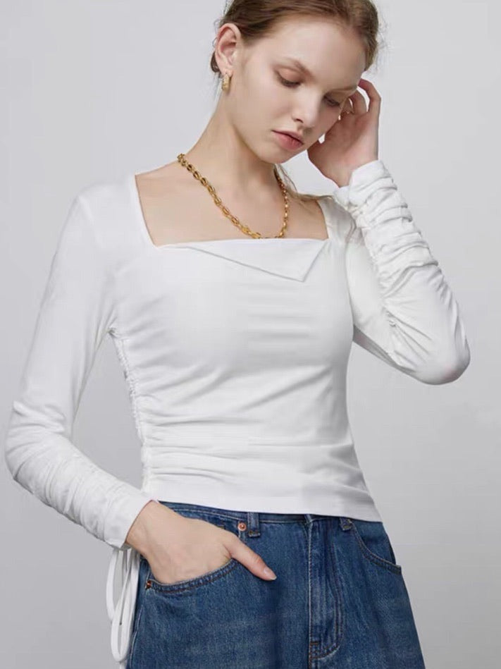 Side Shirring Tie Long Sleeve Top in White