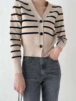 Load image into Gallery viewer, Striped Button V Cardigan - Beige
