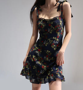 Foliage Floral Tie Strap Cami Mini Dress in Black