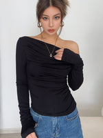 Load image into Gallery viewer, Off Shoulder Shirring Long Sleeve Top - Black
