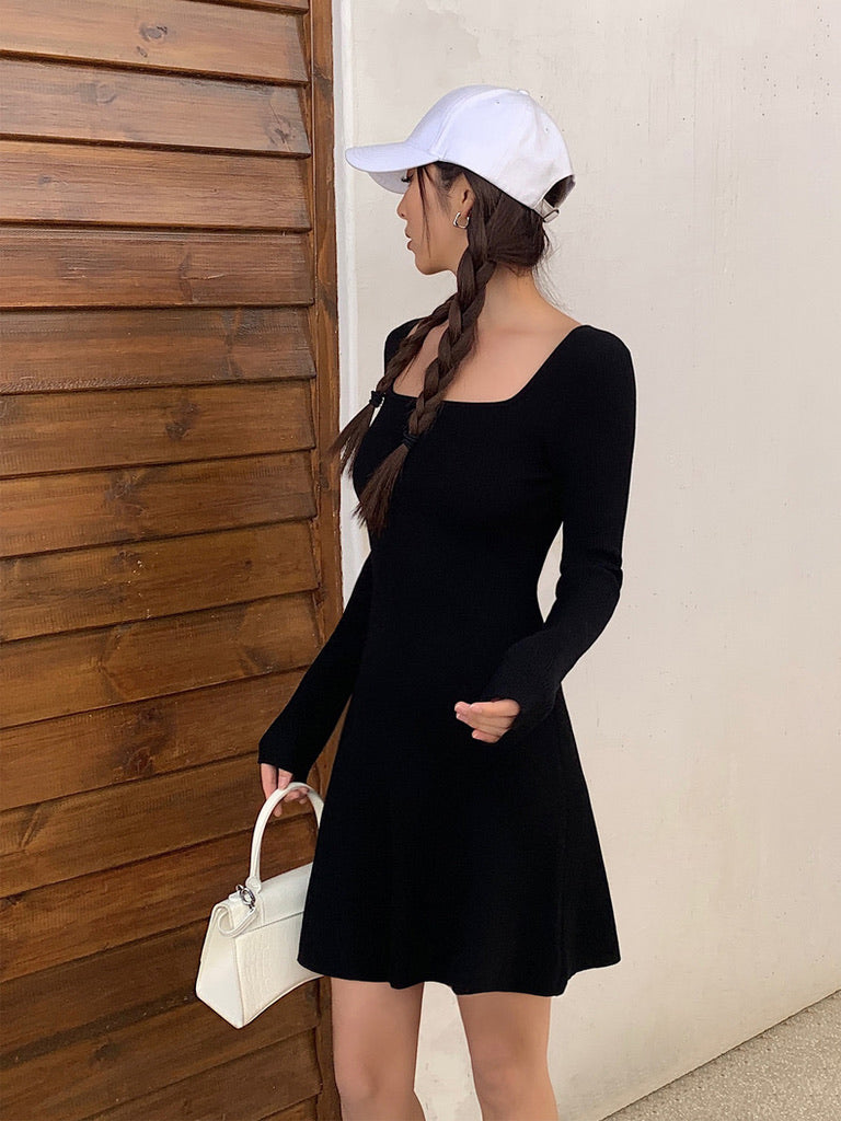 Knit Long Sleeve Skater Dress in Black