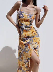 Carnation Floral Tie Strap Wrap Slit Dress in Yellow