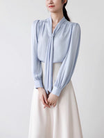 Load image into Gallery viewer, Tie Neck Long Sleeve Blouse in Blue
