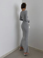 Load image into Gallery viewer, Wide Neck Long Sleeve Mermaid Maxi Dress - Grey
