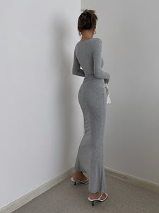 Wide Neck Long Sleeve Mermaid Maxi Dress - Grey