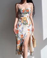 Load image into Gallery viewer, Petal Floral Tie Strap Slit Dress in Print
