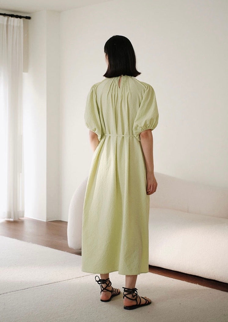 2-Way Seersucker Puff Sleeve Maxi Dress in Lime