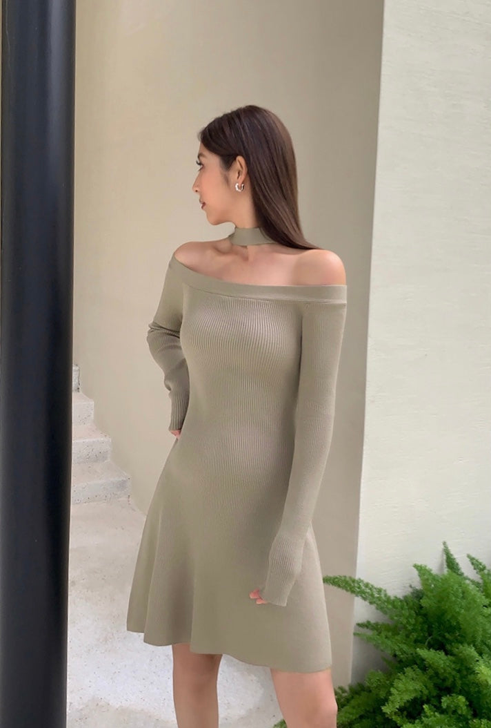 Off Shoulder Choker-Neck Dress in Kahki