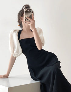 Cathie Black Blouson Sleeve Midi Dress in Black