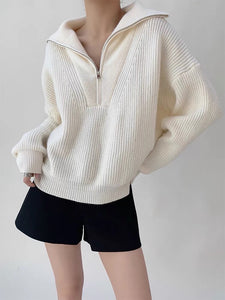 Half Zip Knitted Relaxed Sweater in Cream