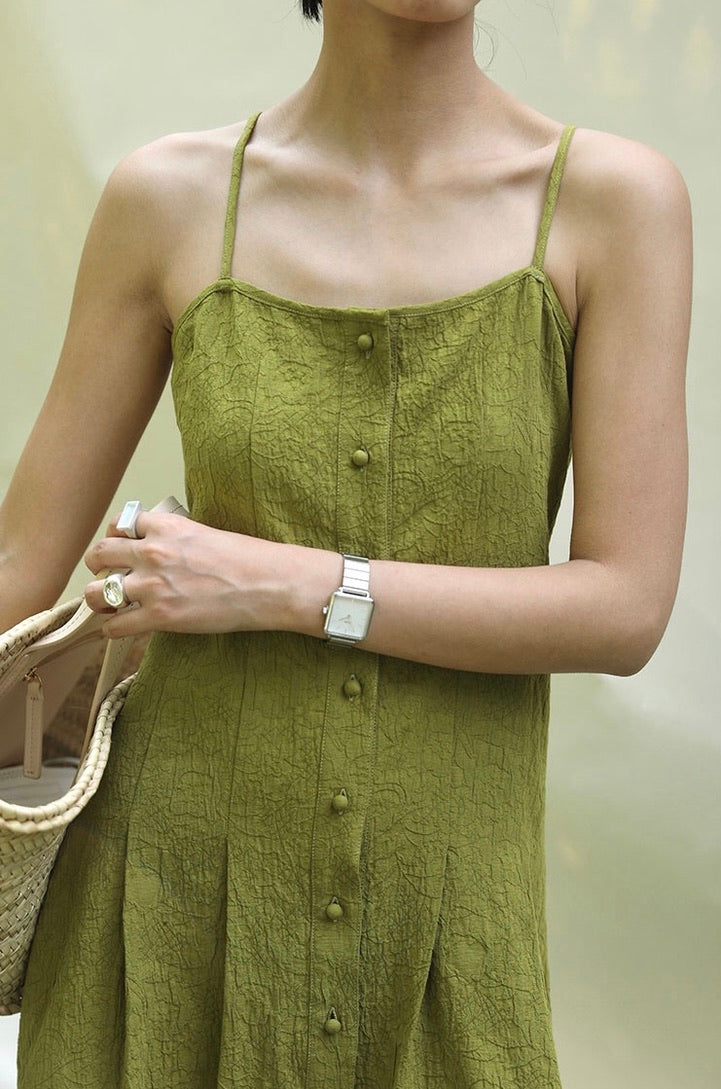 Textured Button Cami Midi Dress in Green