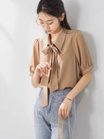 Load image into Gallery viewer, Ribbon Tie Collar Blouse in Tan

