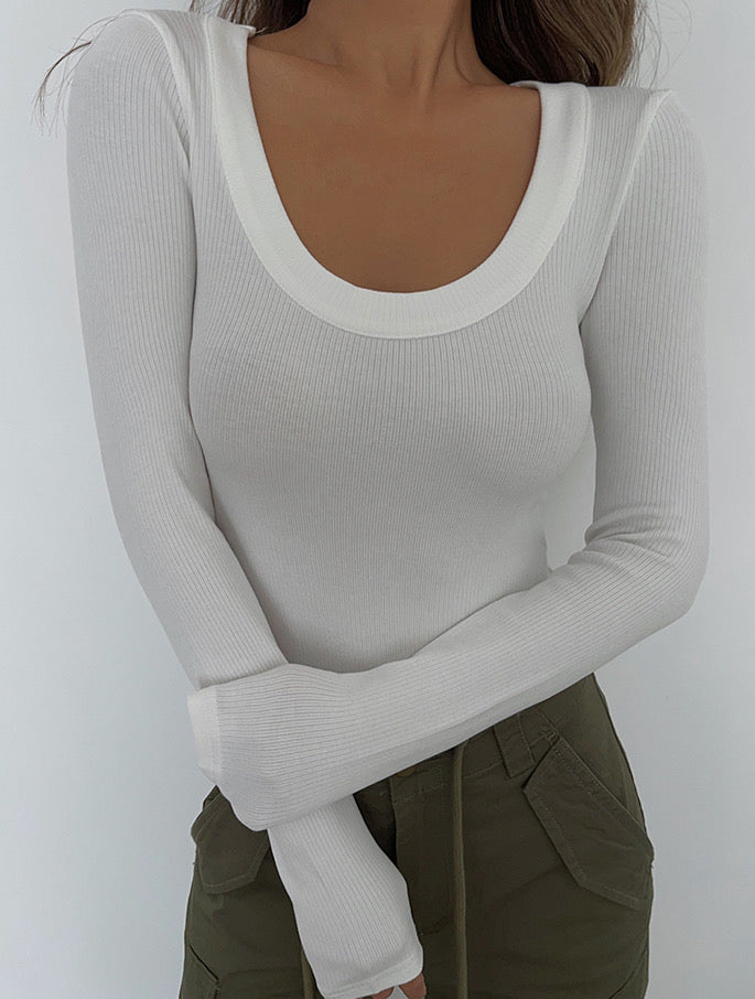 Classic U Neck Ribbed Long Sleeve Top - White