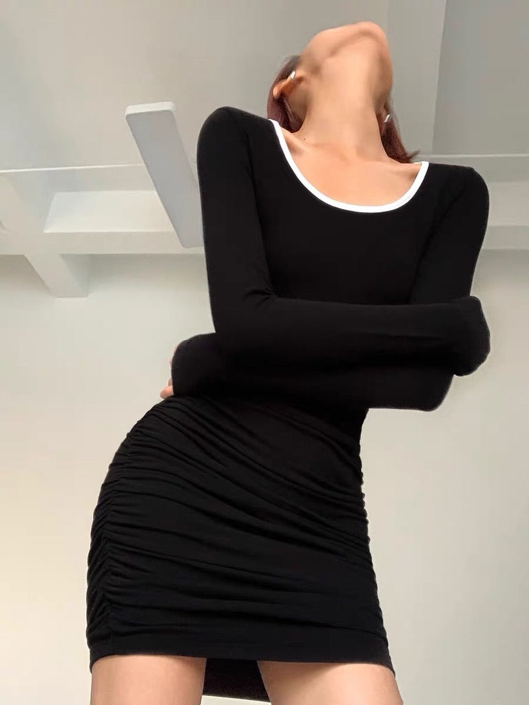 Contrast Shirring Mini Bodycon Dress in Black