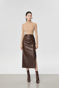 High Waist Pleather Midi Slit Skirt in Brown
