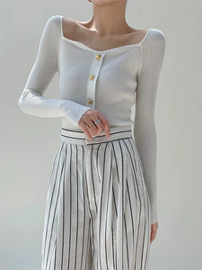 Wide Neck Sweetheart Button Top - White