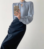 Load image into Gallery viewer, Neck Tie Long Sleeve Blouse in Blue
