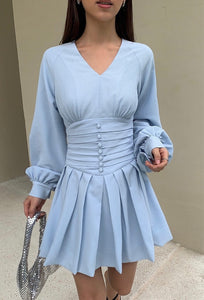 Tailored Pleated Crepe Dress in Blue