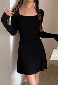 Knit Long Sleeve Skater Dress in Black