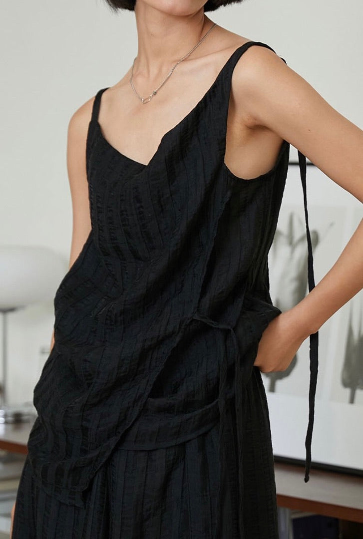 Tencel Blend Wrap Tie Sleeveless Top in Black