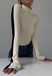 Duo Tone Back To Front High Neck Top in Cream/Black