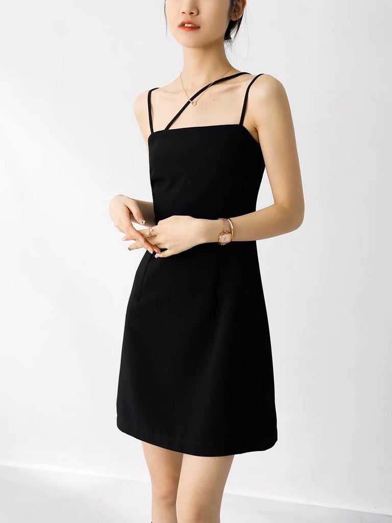 Asymmetric Cami Strap Mini Dress in Black