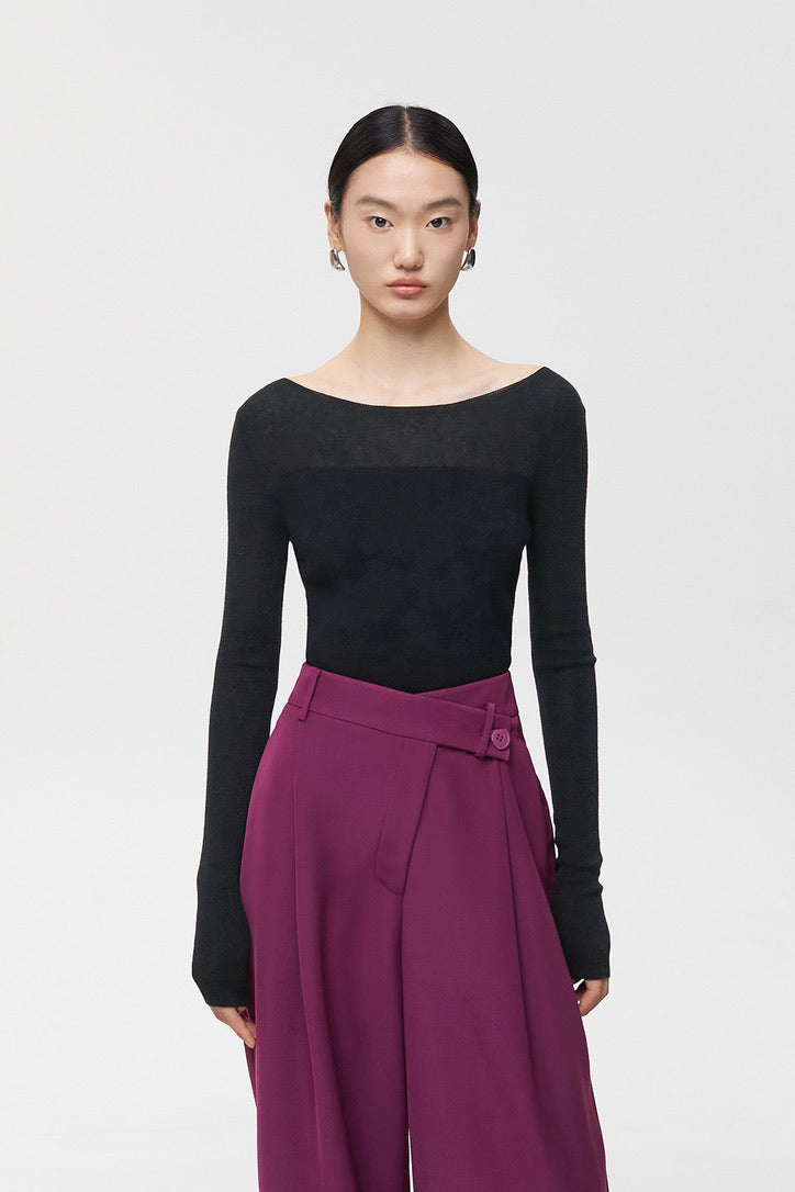 Wool Blend Duo Tone Knitted Top in Black