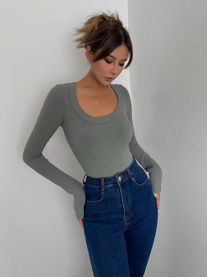 Classic U Neck Ribbed Long Sleeve Top - Sage