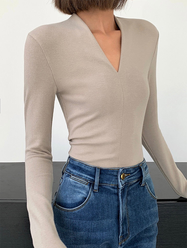 Classic V Neck Line Top in Beige